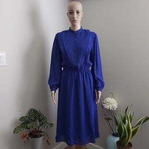 80s Vintage Rouie midi dress long sleeves preacher collar royal blue